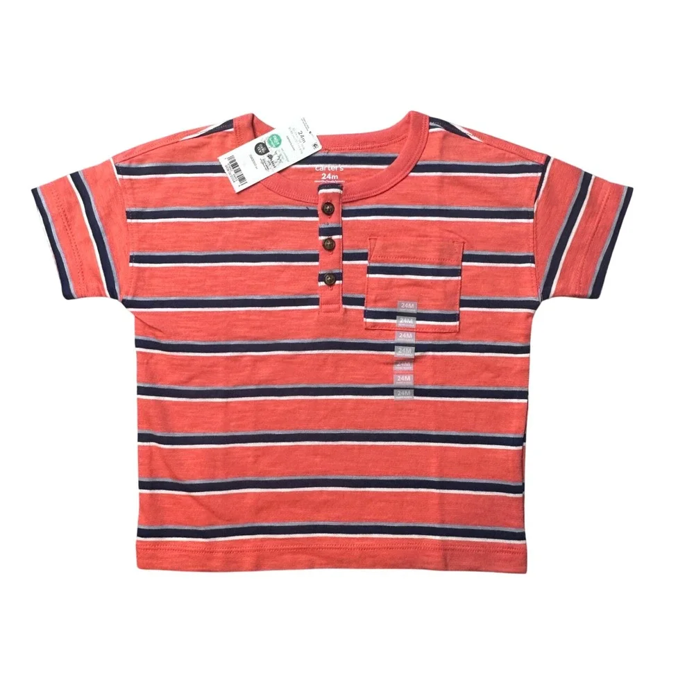 Carter's T-Shirt Kids 24M Coral Striped Henley Pocket Short Sleeve‎ Cotton New